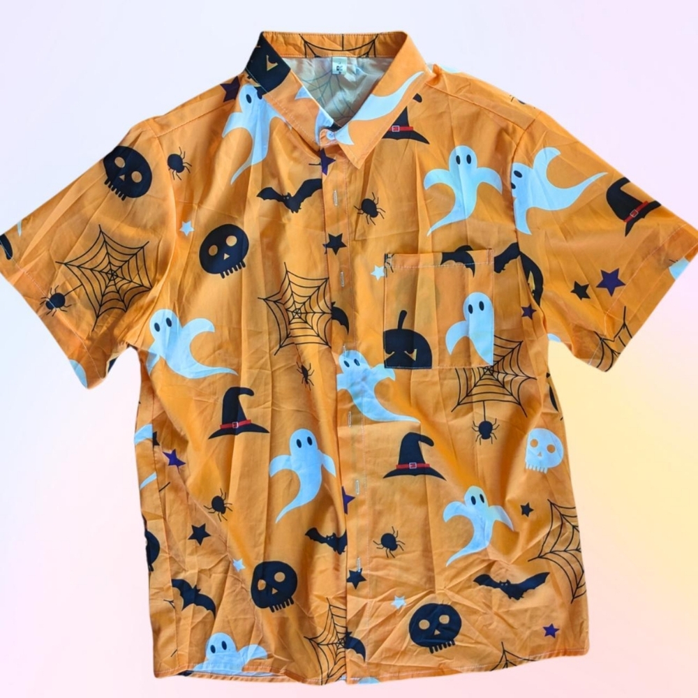 Cute Unisex Button-Up Orange Halloween shirt, size men's large